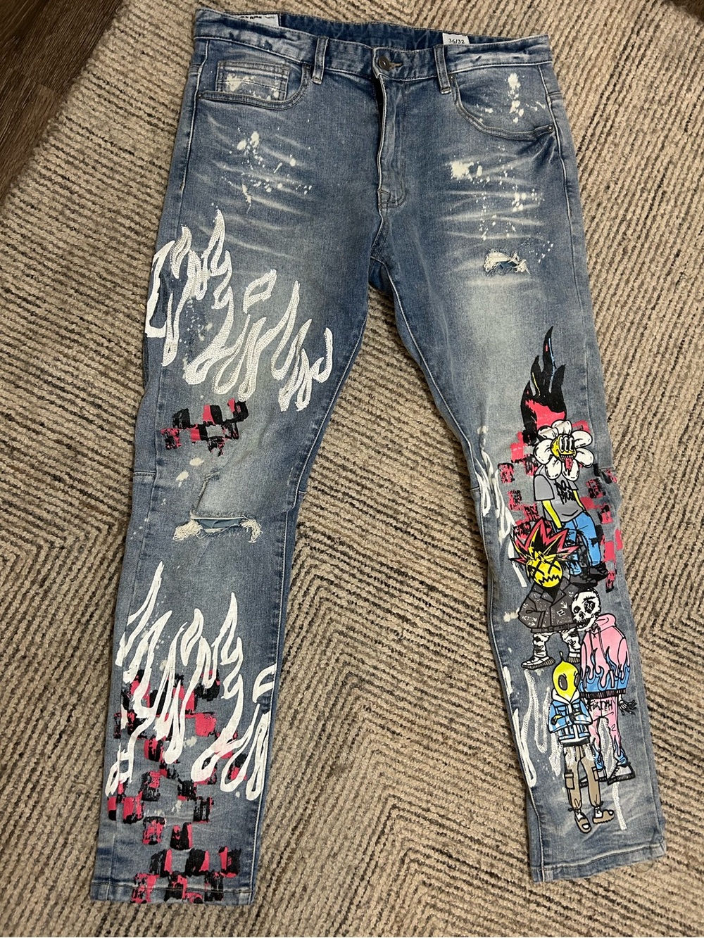Smoke Rise Men's Distressed Graphic Flame Jeans Streetwear Rhinestone 36x32 Art